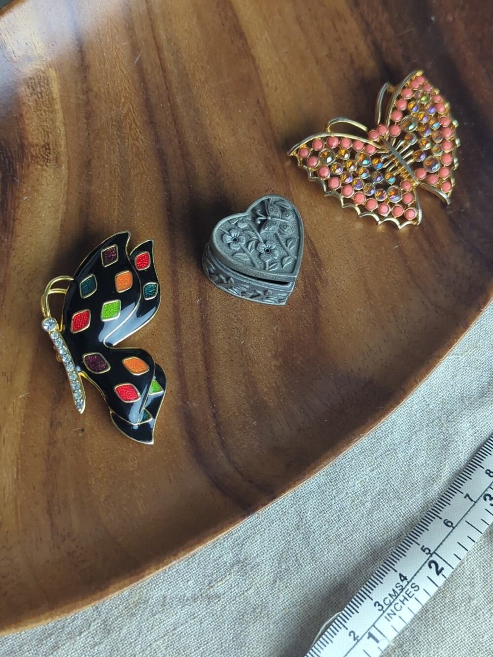 Vintage Butterfly Brooch Set 90s Enamel Rhinestone Butterflies Heart Trinket Box